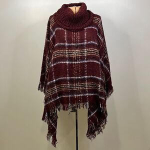 NWT Harve Benard Maroon Plaid Turtleneck Sweater Poncho - One Size
